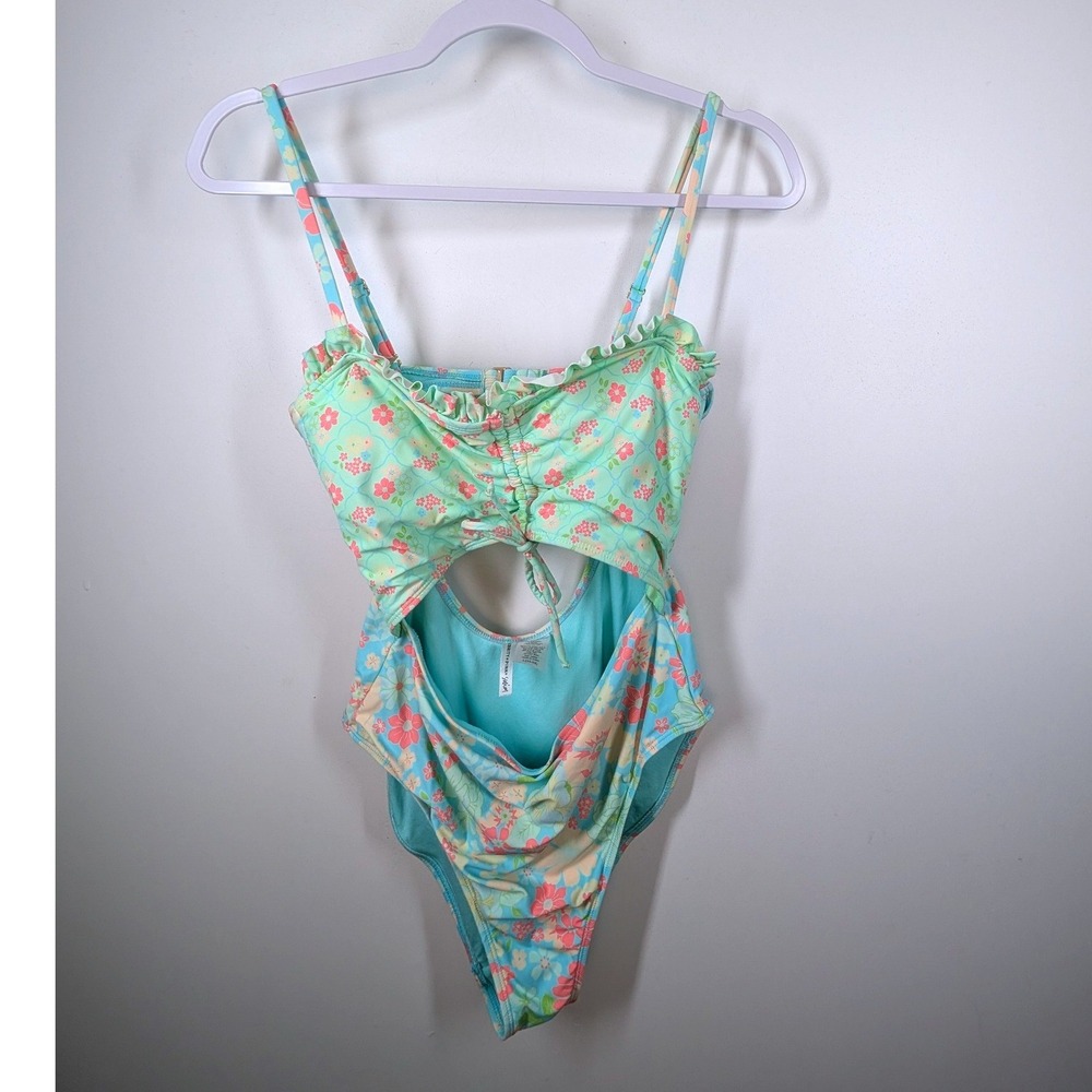 Celebrity Pink Floral Cutout One Piece Swimsuit Mint Green Pink Ruffle Large L - Picture 2 of 6